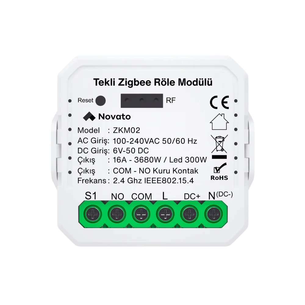 ZKM02 üzerindeki etiket: 16 A 3680 W çıkış, LED 300 W, COM NO kuru kontak, 2,4 GHz IEEE 802.15.4, klemensler S1 NO COM L DC+ N