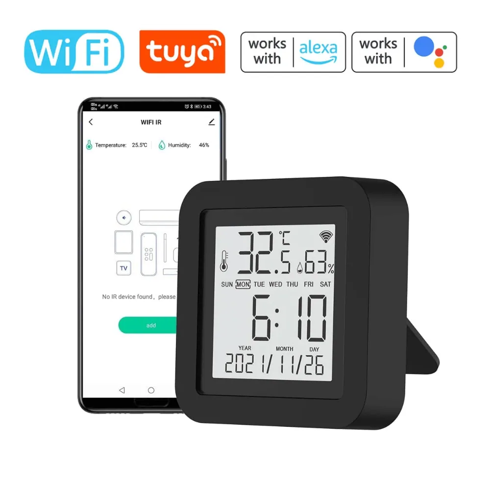 Siyah kare IR kumandanın yanında telefon ekranı: WIFI IR başlığı, 25,5 °C sıcaklık, %46 nem, cihaz türü simgeleri, henüz kumanda eklenmediğini bildiren yazı ve yeşil ekle düğmesi