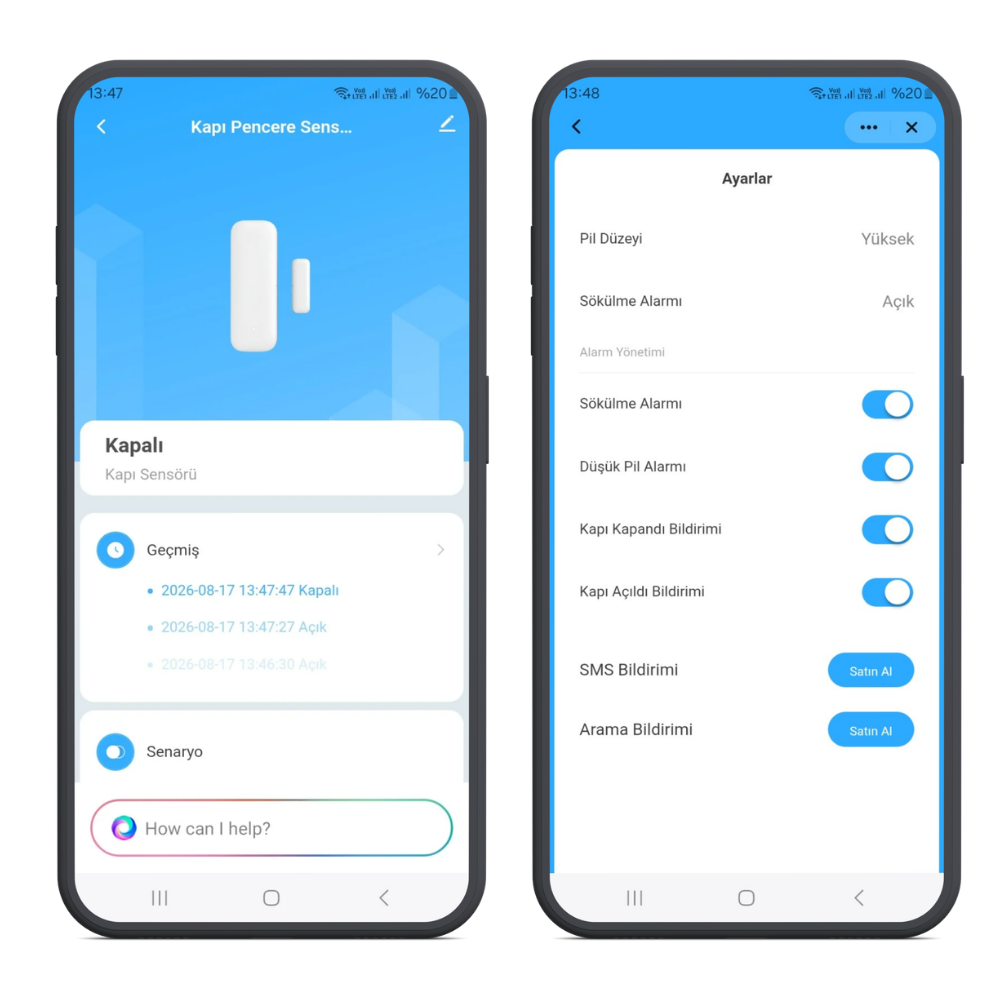 Smart Life uygulamasında kapı sensörünün durumu, geçmişi ve alarm ayarları