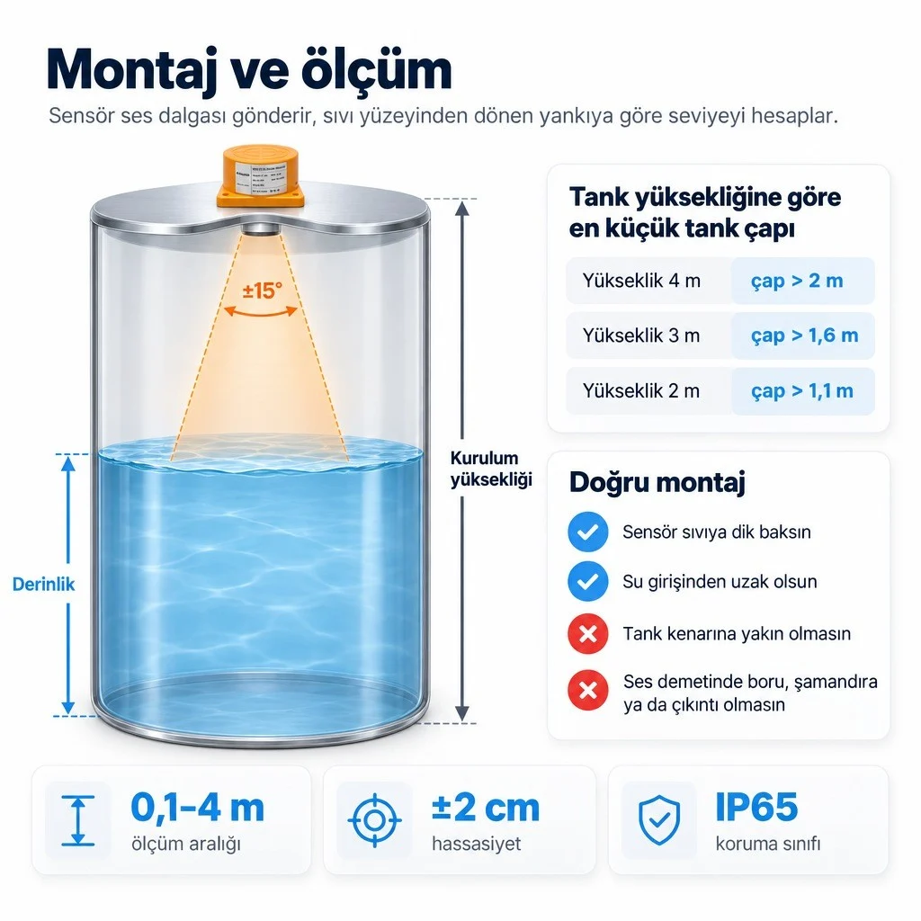 Montaj ve ölçüm şeması: tank üstündeki sensörden ±15 derecelik ses demeti suya iner, kurulum yüksekliği ve derinlik okları; tank yüksekliği 4 m için çap 2 m üstü, 3 m için 1,6 m üstü, 2 m için 1,1 m üstü; sensör dik baksın, su girişinden uzak olsun, kenara yakın olmasın, demette boru ya da şamandıra olmasın