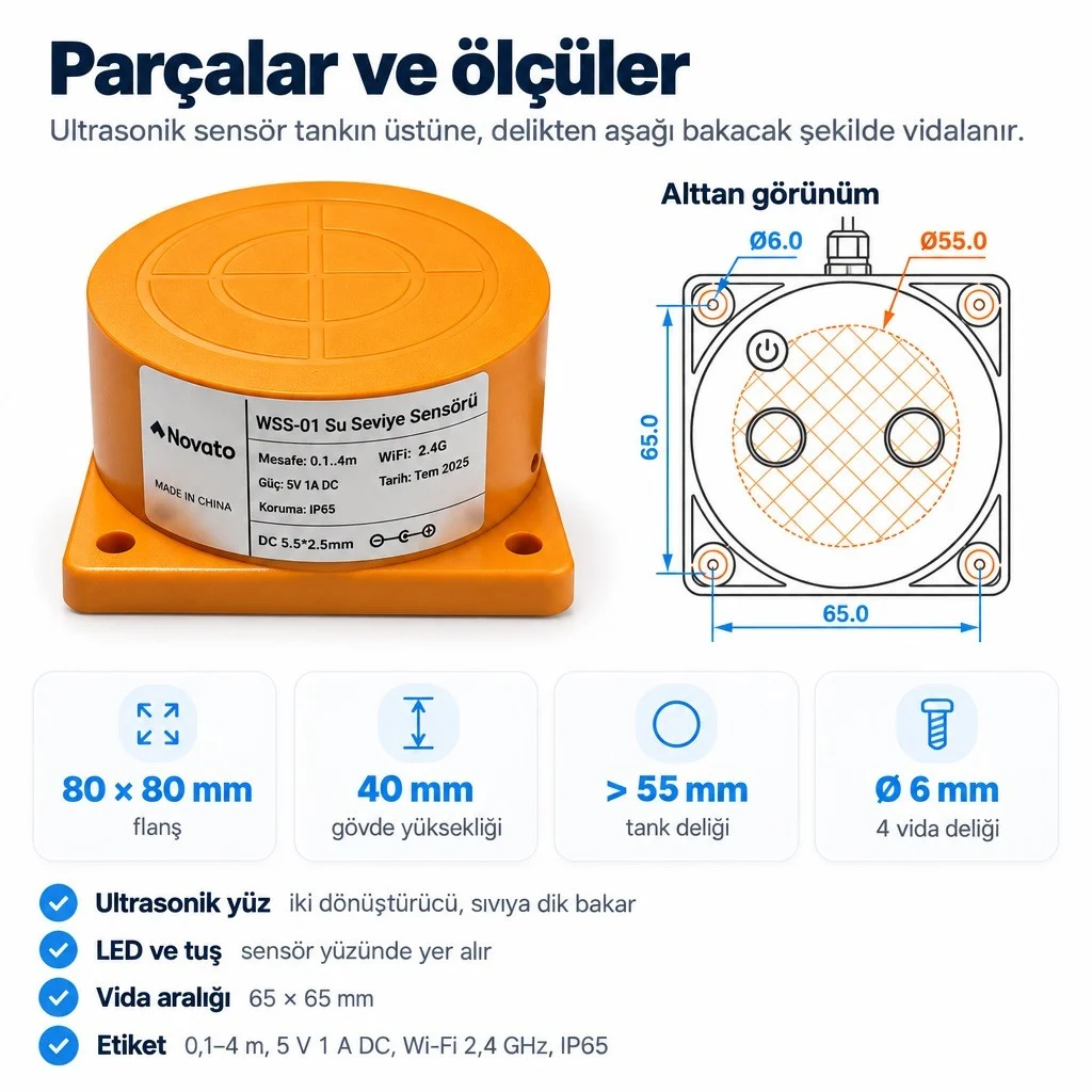 WSS-01 su seviyesi ölçerin fotoğrafı ve alttan görünüm çizimi: 80 × 80 mm flanş, 40 mm gövde, en az 55 mm tank deliği, 65 mm aralıklı 4 adet 6 mm vida deliği, sensör yüzünde LED ve tuş, etiket 0,1–4 m, 5 V 1 A DC, Wi-Fi 2,4 GHz, IP65