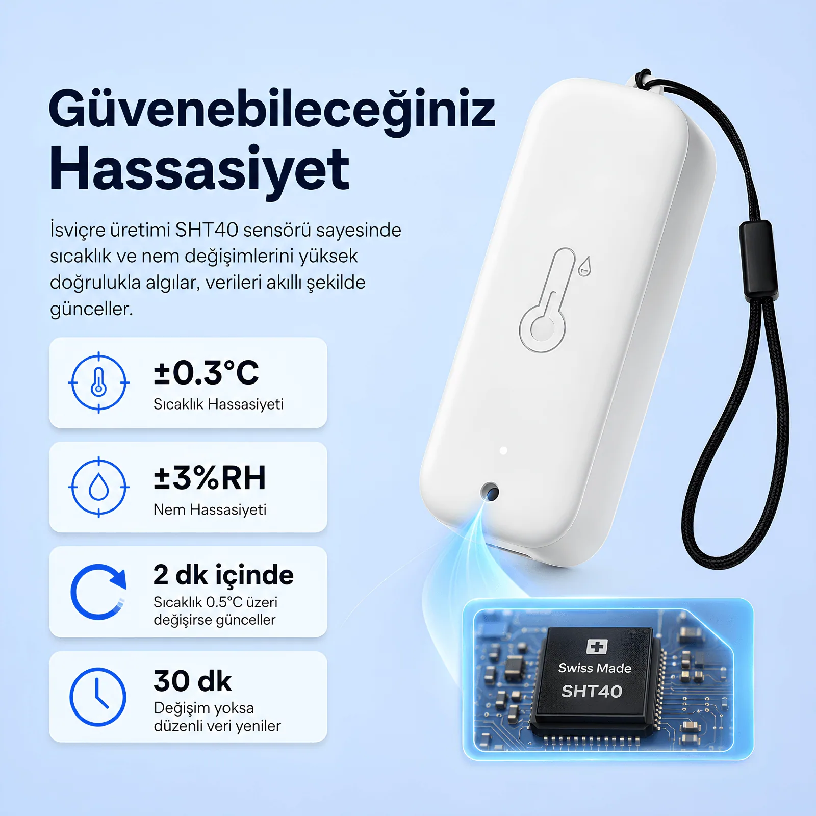 WSN-03P sensörün Sensirion SHT40 ölçüm birimi ve hassasiyet değerleri
