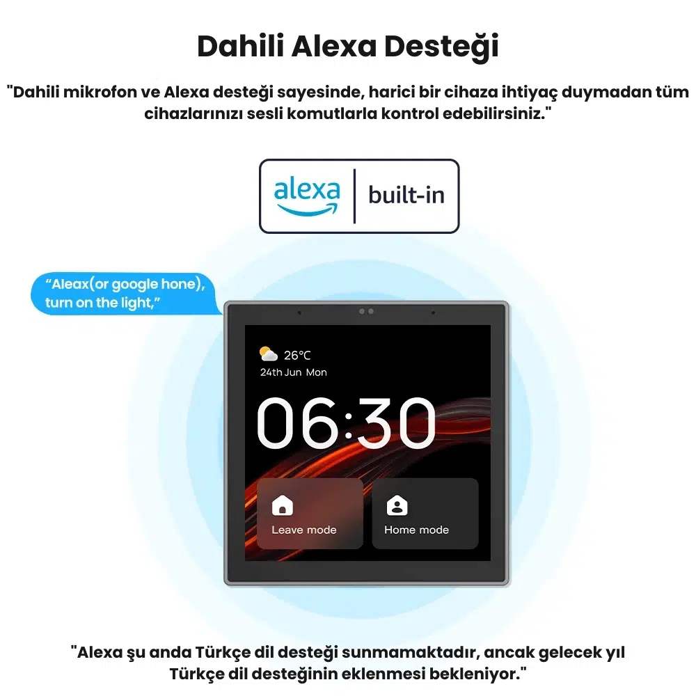 Dahili Alexa desteği: alexa built-in rozeti ve sesli komut örneği