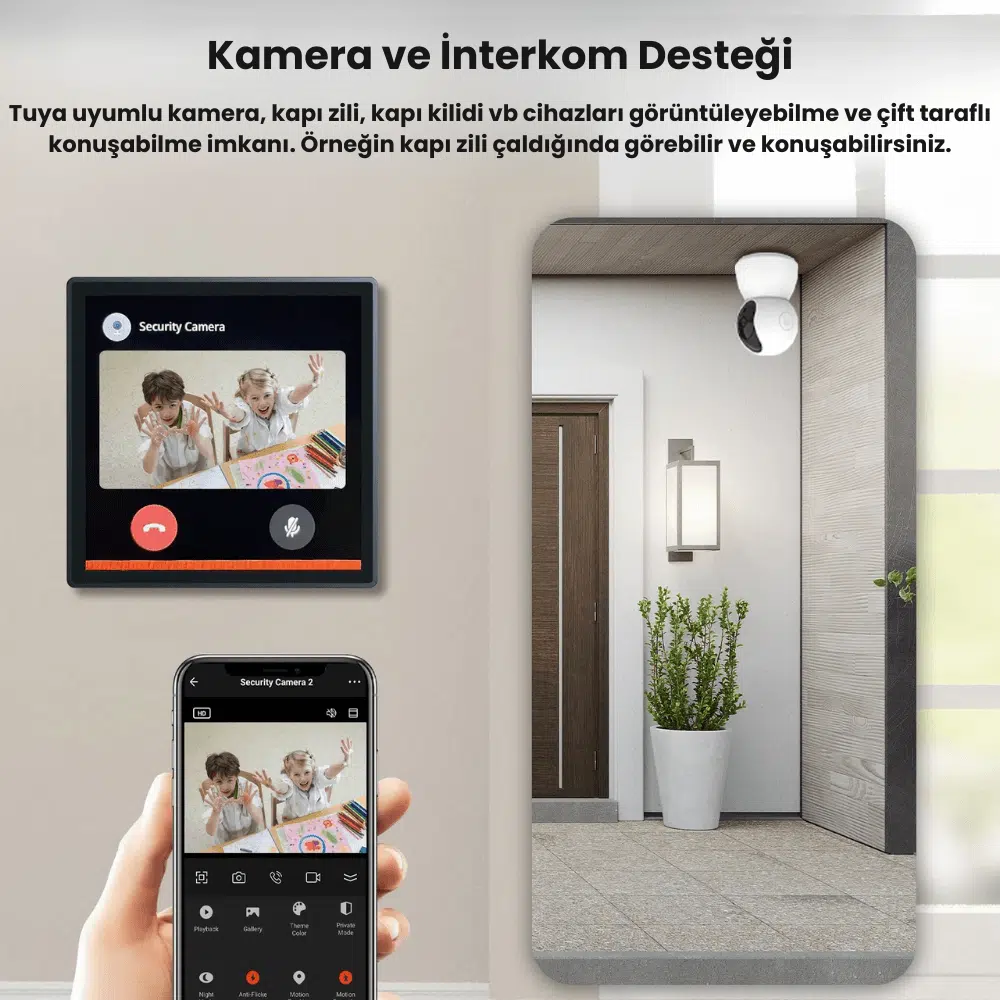 Kamera ve interkom desteği: panelde kapı kamerası görüntüsü ve telefonda aynı görüntü