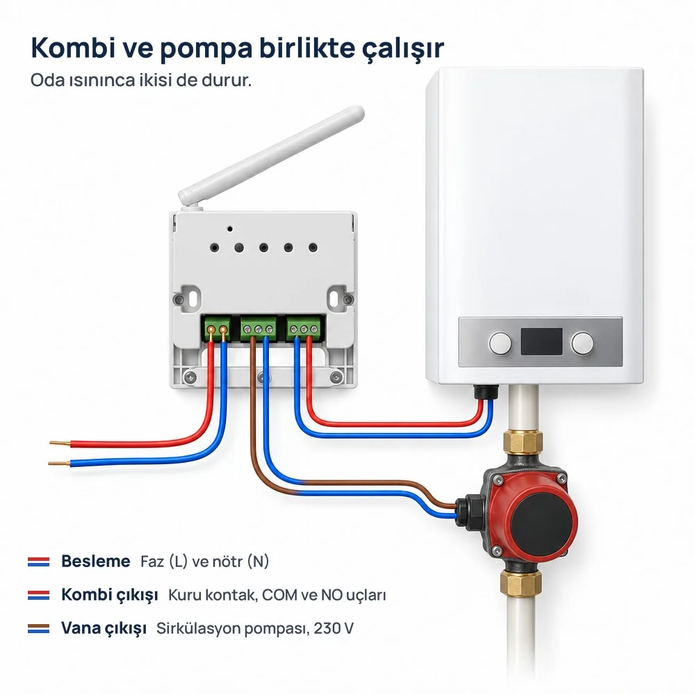 Alıcıdan kombiye ve kombinin altındaki sirkülasyon pompasına giden kablolar