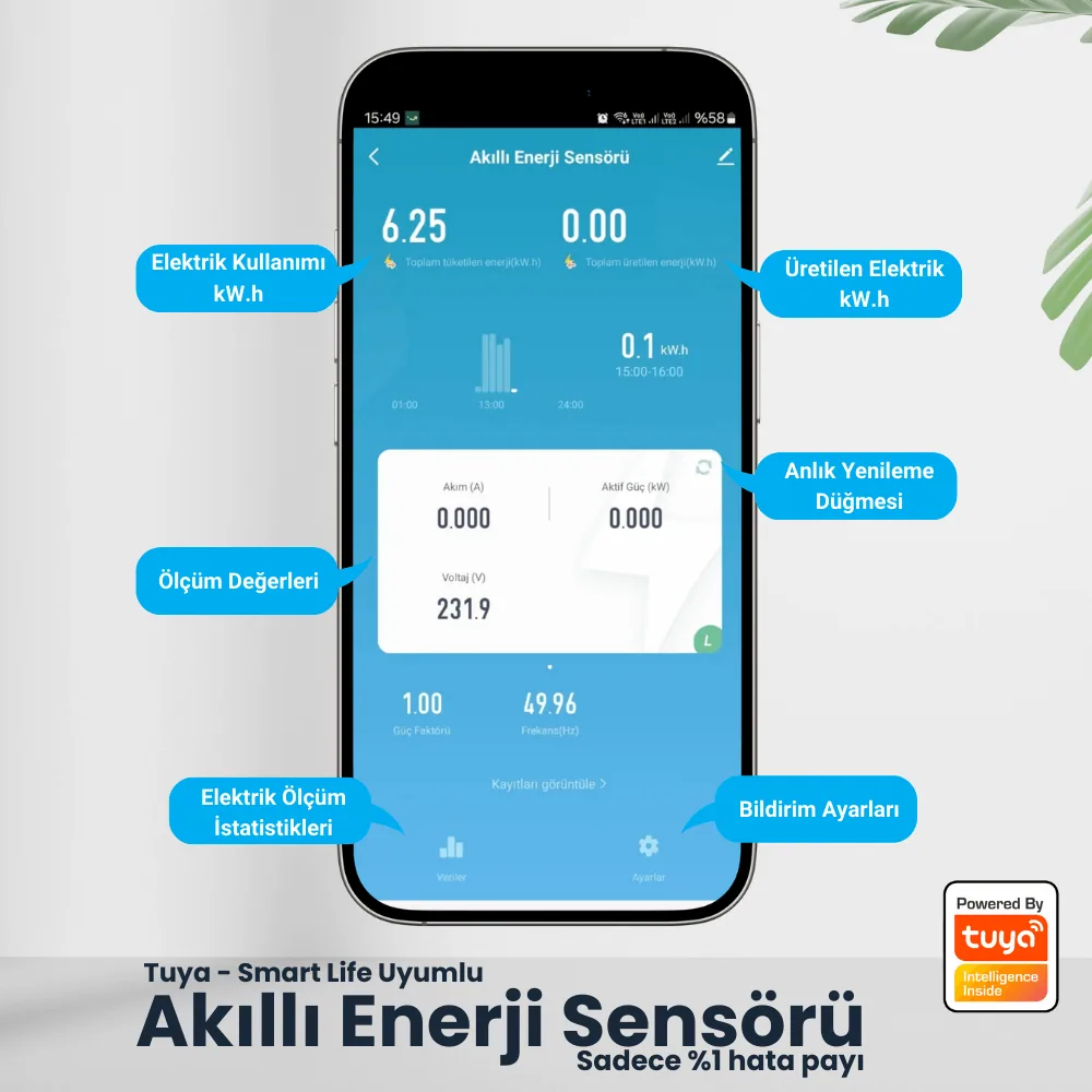 Uygulamada anlık güç ve tüketim grafikleri