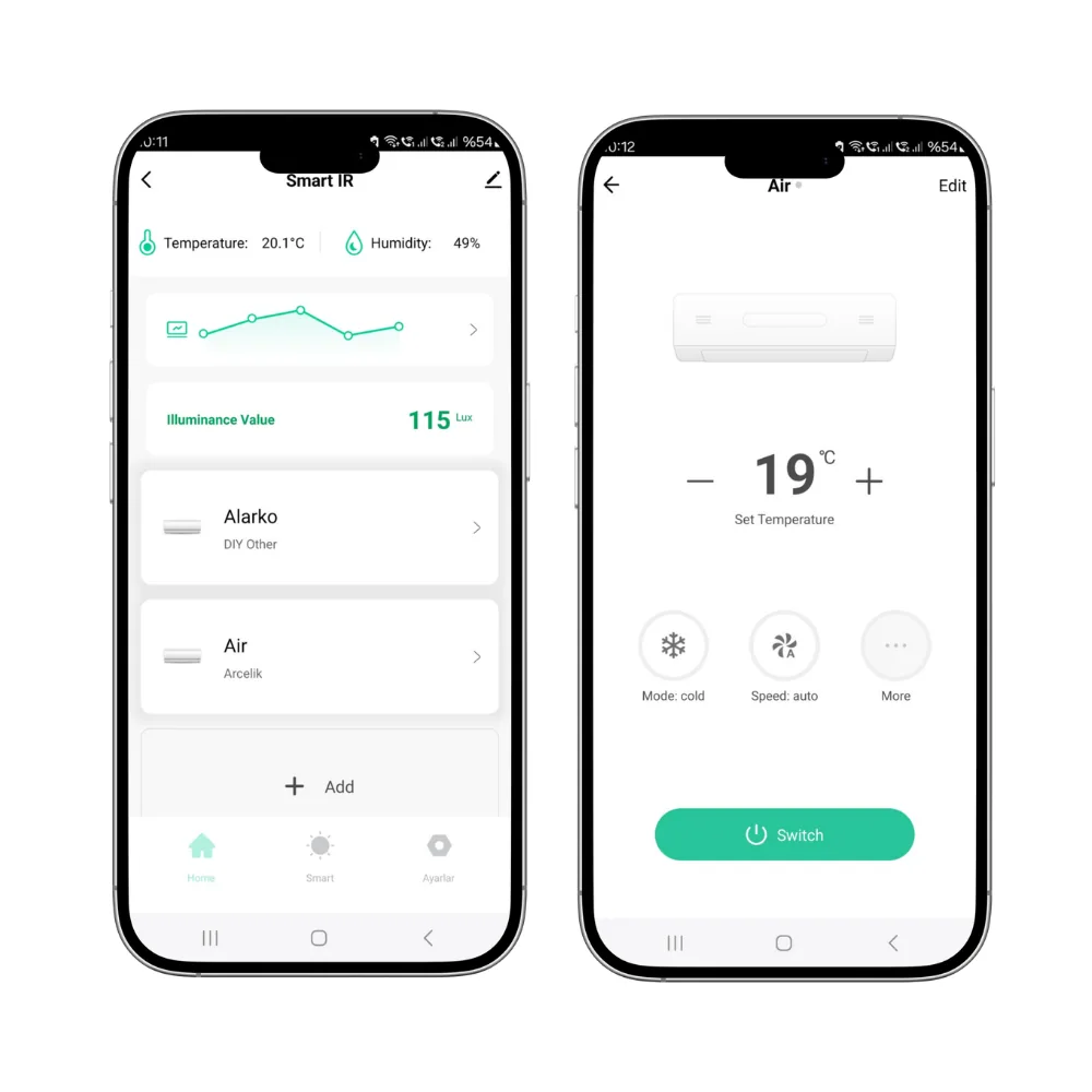 Yan yana iki telefon ekranı: solda Smart IR sayfasında 20,1 °C sıcaklık, %49 nem, sıcaklık grafiği, 115 lüks aydınlık değeri ve Alarko ile Arçelik kumandaları; sağda klima kumandası, ayarlanan sıcaklık 19 °C, soğutma modu ve otomatik fan