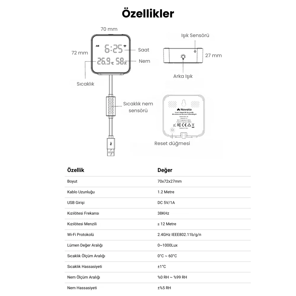 Cihazın Türkçe etiketli teknik çizimi: 70 mm genişlik, 72 mm yükseklik, 27 mm derinlik, ekranda saat, sıcaklık ve nem, kablo üzerinde sıcaklık nem sensörü, gövdede ışık sensörü ve arka ışık, arka yüzde reset düğmesi ve özellik tablosu