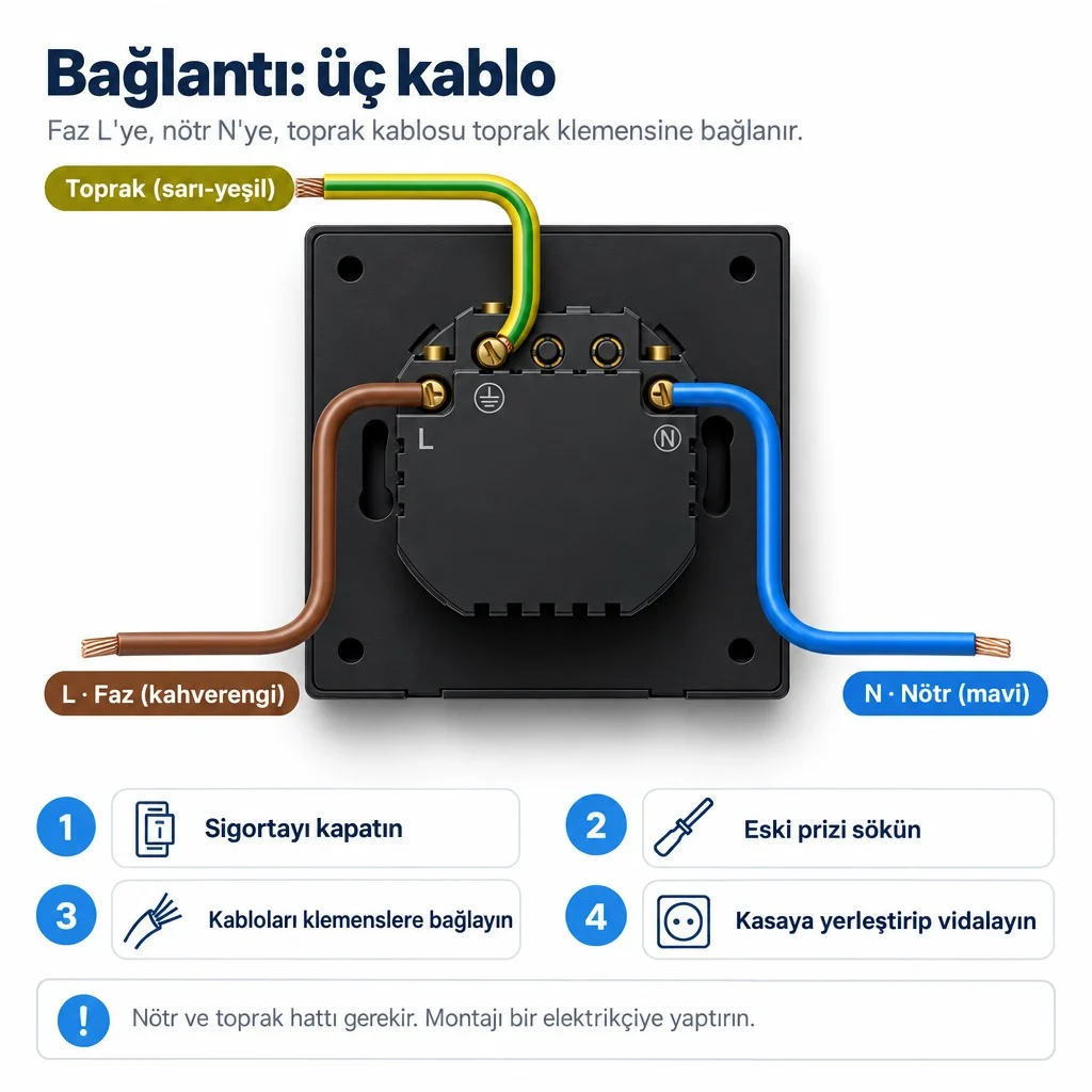 ZAP-01 arkadan bağlantı: kahverengi faz kablosu L klemensine, mavi nötr kablosu N klemensine, sarı-yeşil toprak kablosu toprak klemensine; adımlar sigortayı kapatın, eski prizi sökün, kabloları klemenslere bağlayın, kasaya yerleştirip vidalayın