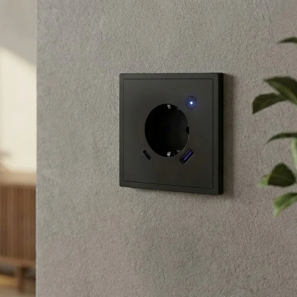 Gri sıva duvarda siyah ZAP-01 sıva altı akıllı priz, sağ üstteki tuşta mavi gösterge ışığı, priz yuvasının altında USB-C ve USB-A girişleri