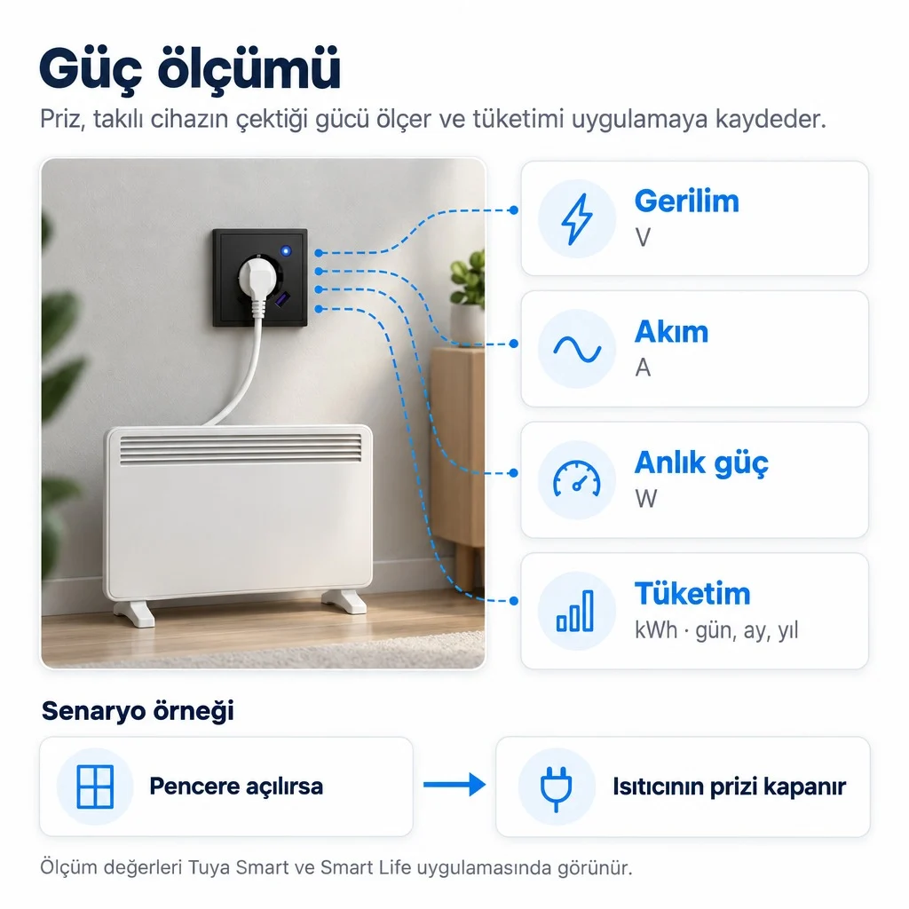 Güç ölçümü: duvardaki ZAP-01 prize takılı elektrikli ısıtıcı, yanında gerilim V, akım A, anlık güç W ve tüketim kWh kartları; altta senaryo örneği, pencere açılırsa ısıtıcının prizi kapanır