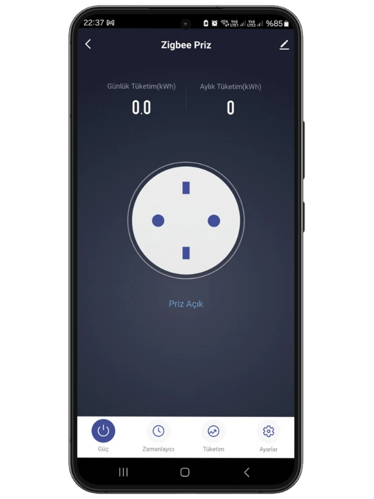 Uygulamada Zigbee Priz ekranı: üstte günlük ve aylık tüketim kWh olarak, ortada priz simgesi ve Priz Açık yazısı, altta Güç, Zamanlayıcı, Tüketim ve Ayarlar sekmeleri