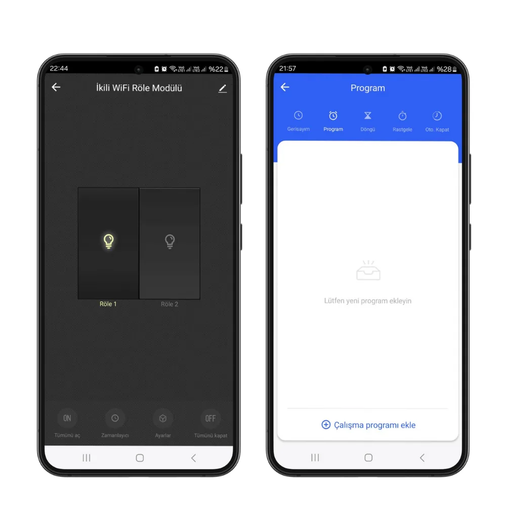Tuya Smart uygulamasında WKM03 rölenin iki kanalı ve program ekranı