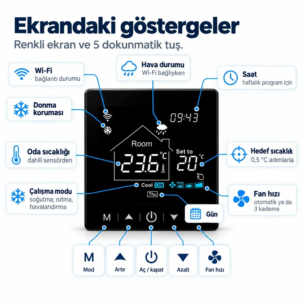 Ekrandaki göstergeler: oda sıcaklığı, hedef sıcaklık, saat, hava durumu, Wi-Fi, donma koruması, çalışma modu, fan hızı ve gün; altta Mod, Artır, Aç / kapat, Azalt ve Fan hızı tuşları