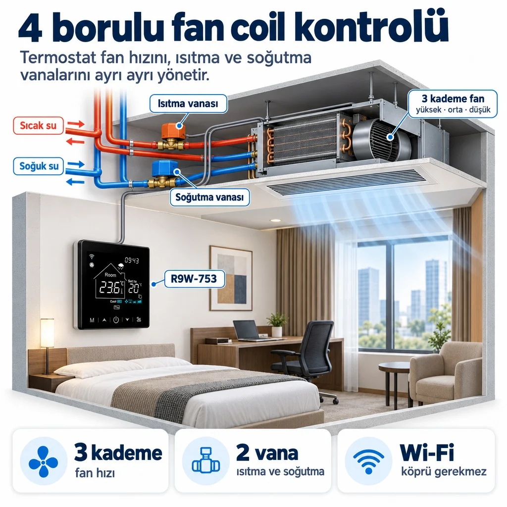 4 borulu fan coil kontrolü: duvardaki R9W-753 termostattan asma tavandaki fan coile kablo gider; sıcak su hattında ısıtma vanası, soğuk su hattında soğutma vanası, fan coil içinde 3 kademe fan; 3 kademe fan hızı, 2 vana, Wi-Fi köprü gerekmez