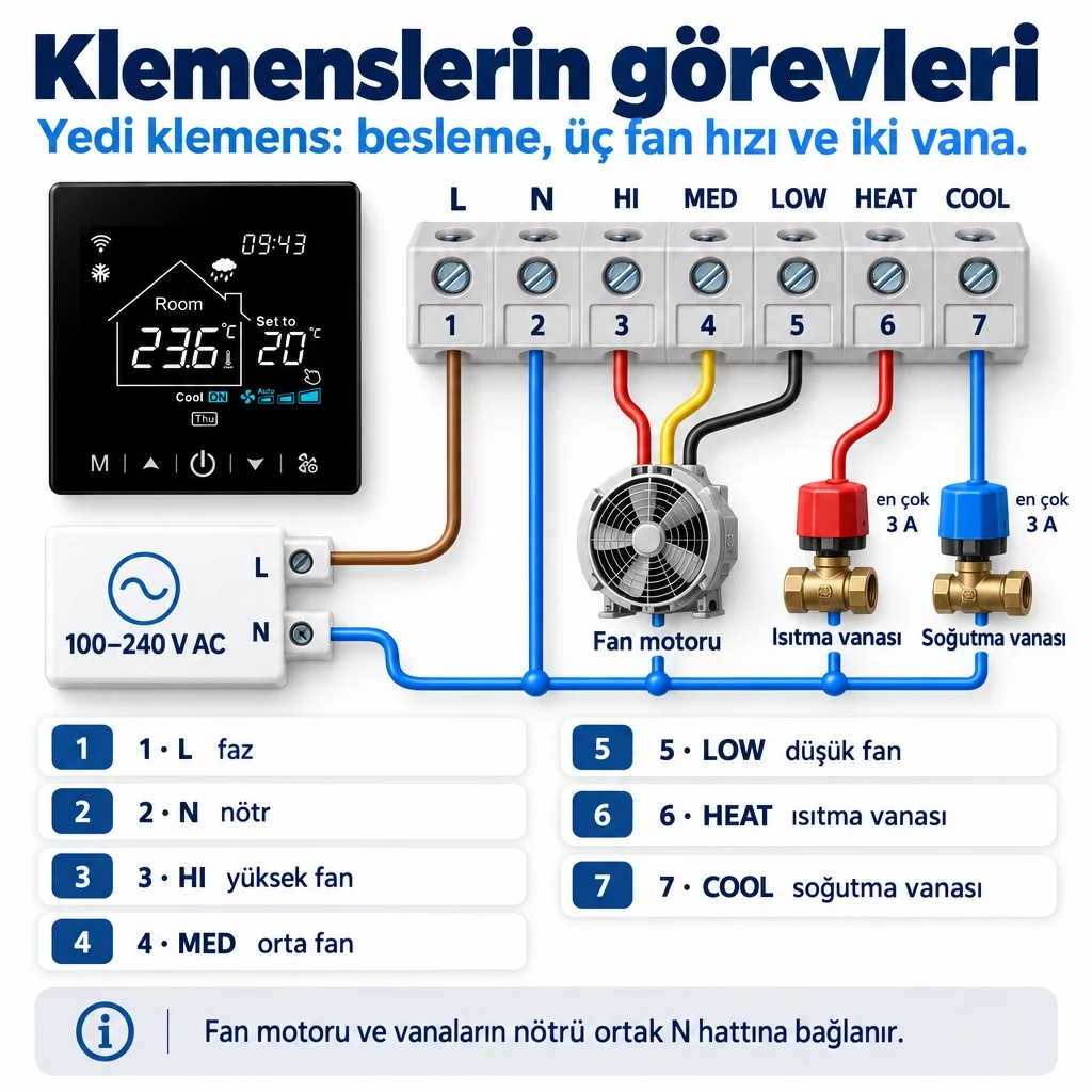 Klemenslerin görevleri: 1 L faz, 2 N nötr, 3 HI yüksek fan, 4 MED orta fan, 5 LOW düşük fan, 6 HEAT ısıtma vanası, 7 COOL soğutma vanası, vana çıkışları en çok 3 A, fan motoru ve vanaların nötrü ortak N hattına bağlanır, 100–240 V AC besleme
