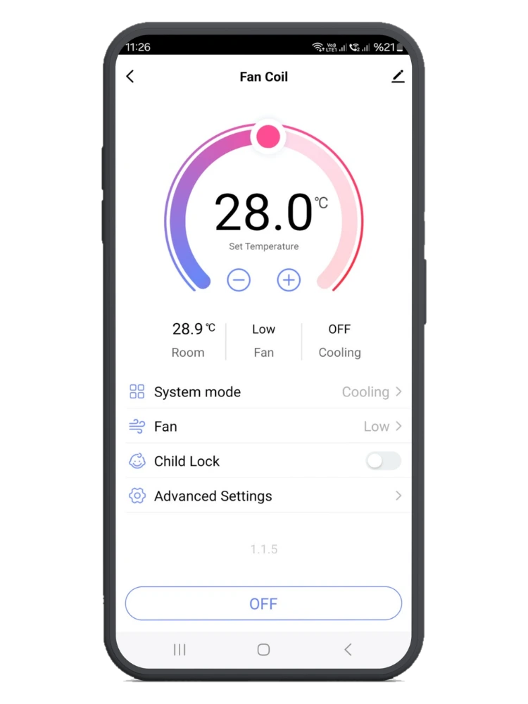 Smart Life uygulamasında Fan Coil ekranı: hedef sıcaklık 28.0 °C kadranı, oda 28.9 °C, fan Low, Cooling OFF; System mode, Fan, Child Lock ve Advanced Settings satırları ve OFF düğmesi