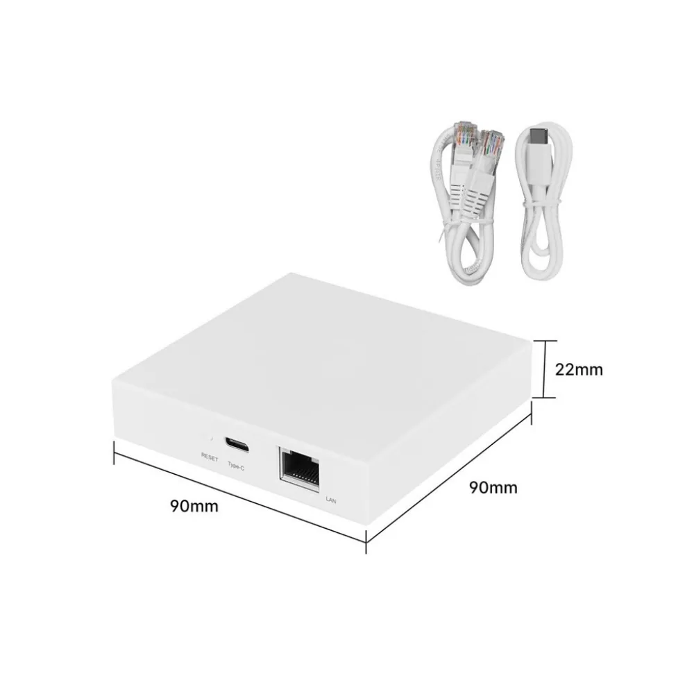 Zigbee LAN köprüsünün ölçüleri 90 × 90 × 22 mm, yanında kutudan çıkan Ethernet ve Type-C kabloları