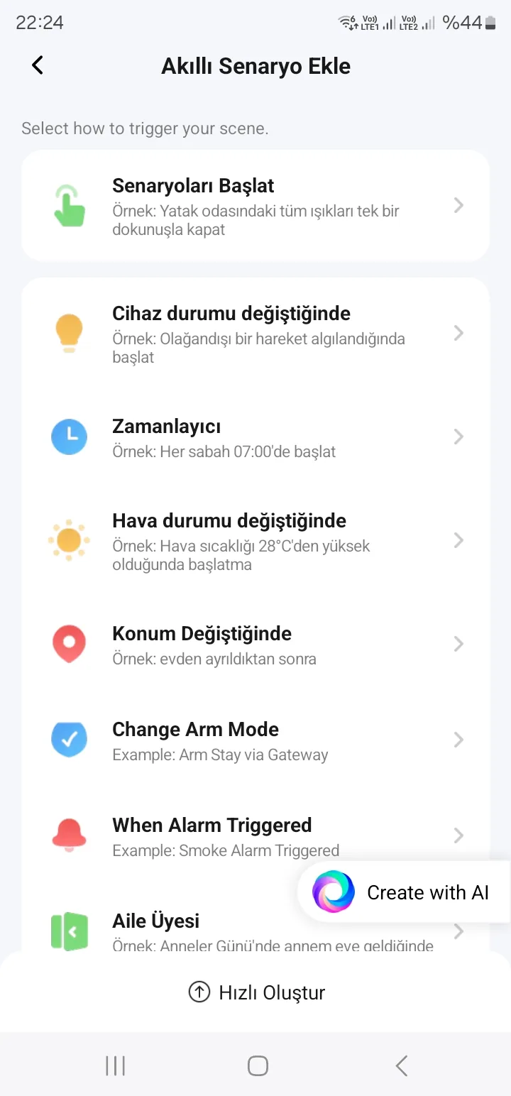 Tuya Smart akıllı senaryo ekleme ekranı — otomasyon tetikleyici tipleri