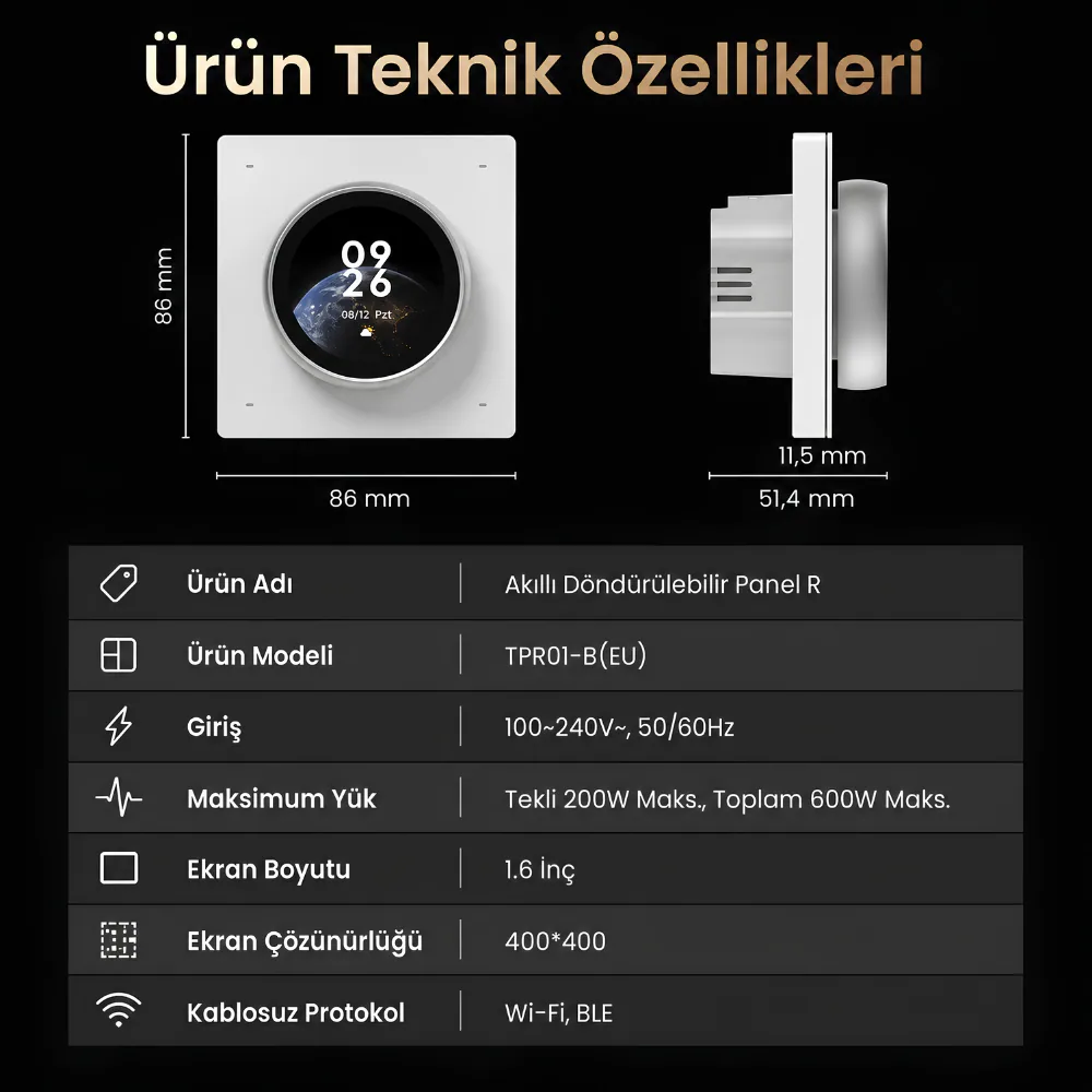 TPR01 ölçüleri, 86 mm panel, 11,5 mm kalınlık, 51,4 mm taban derinliği ve teknik özellik tablosu