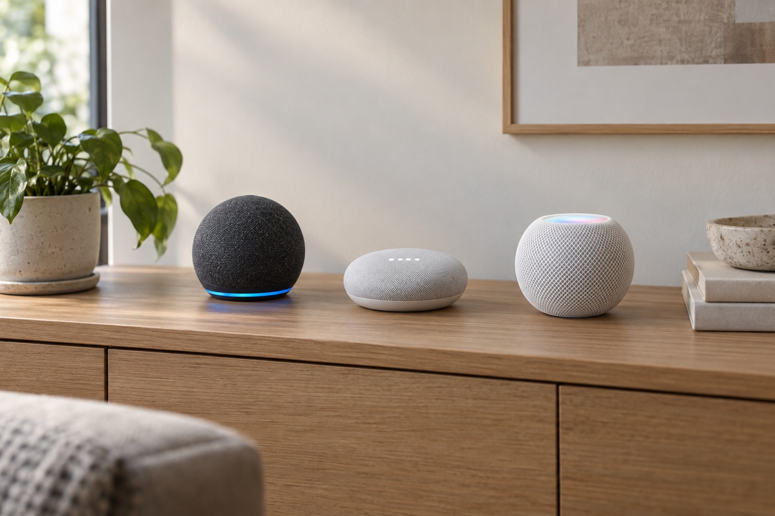 Konsol üzerinde yan yana Amazon Echo Dot, Google Nest Mini ve Apple HomePod mini
