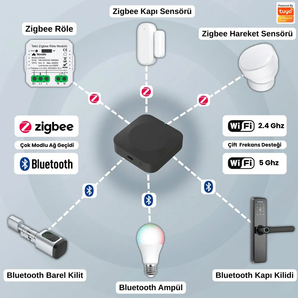 Zigbee köprü ve termostatik radyatör vanalarından oluşan set