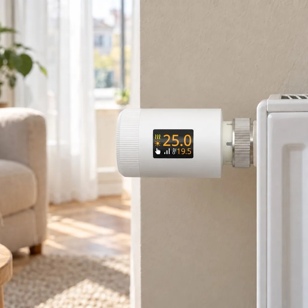 Salondaki panel radyatörün üst köşesine yan takılı TRV-04 WiFi termostatik radyatör vanası