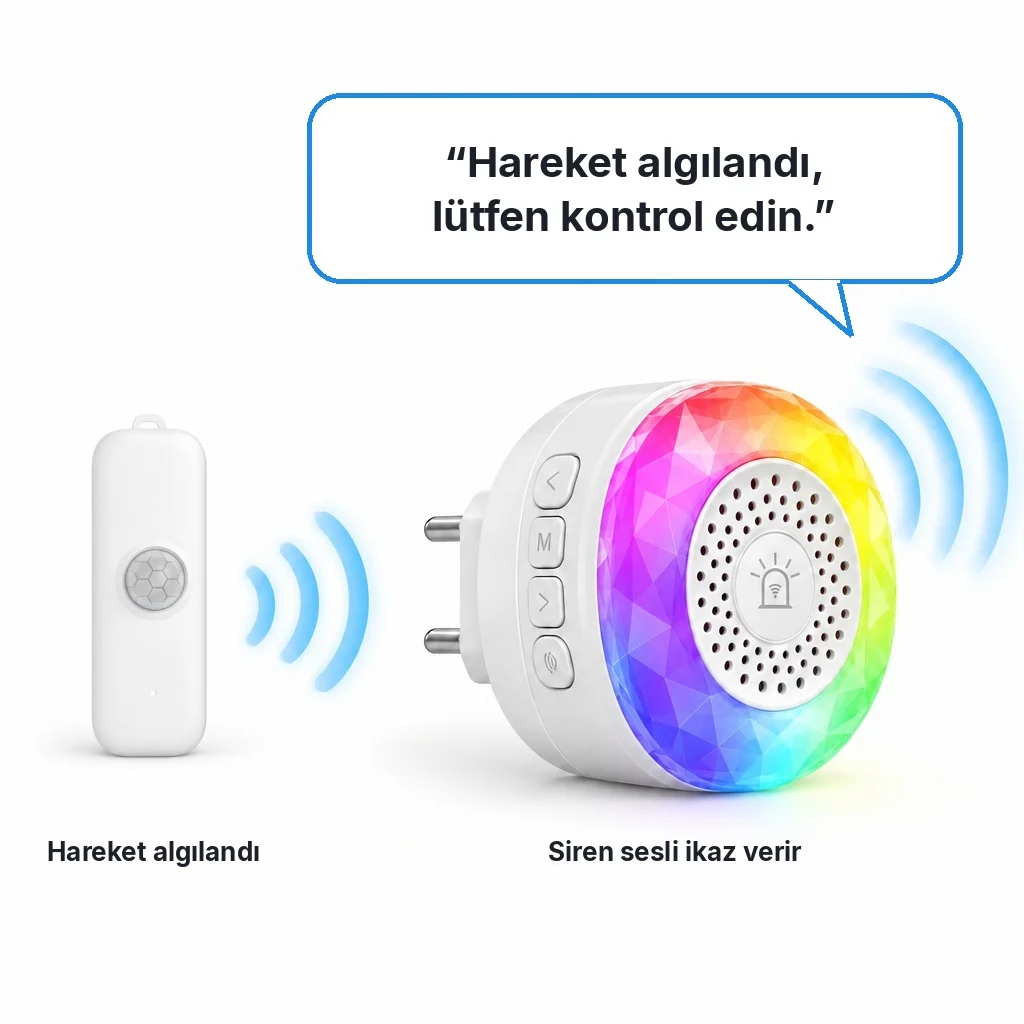 Hareket sensörü hareket algıladığında akıllı sirenin "Hareket algılandı, lütfen kontrol edin" diye sesli ikaz verdiğini gösteren beyaz zeminli görsel