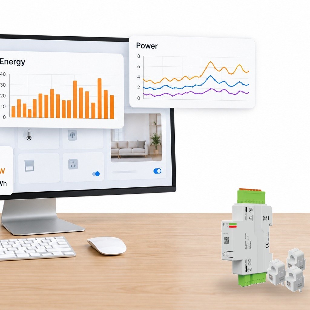 Home Assistant panelinde anlık güç, günlük tüketim grafiği ve üç fazın güç eğrileri, masada enerji ölçer ve akım trafoları