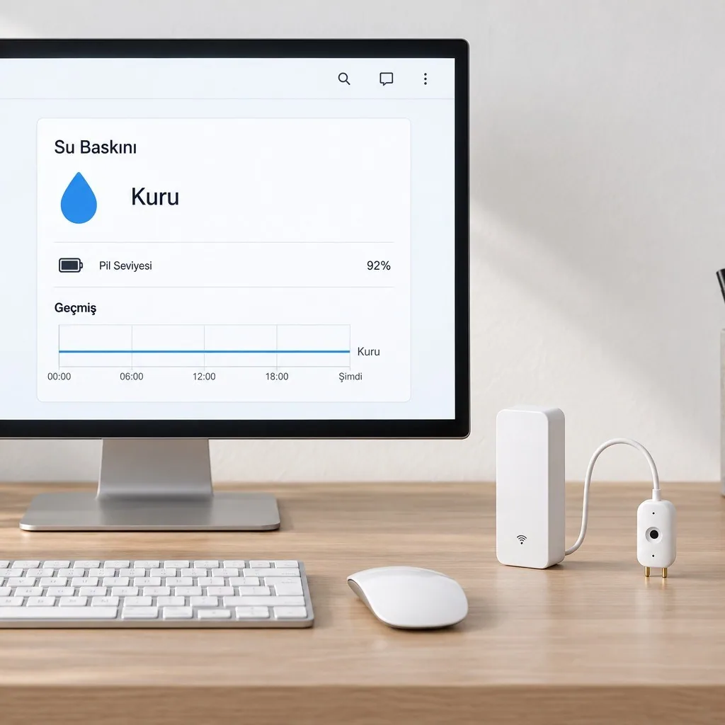 Home Assistant panelinde su baskını kartı, pil ve geçmiş, masada sensör