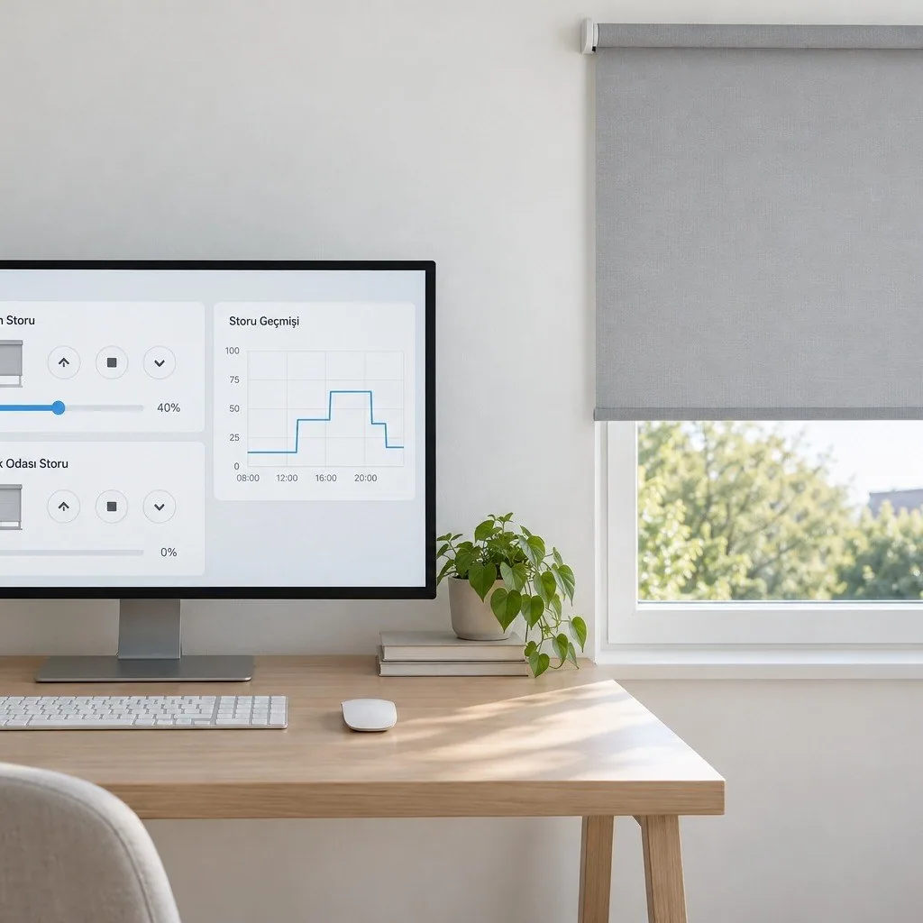 Home Assistant panelinde stor perde kartları, yandaki pencerede motorlu stor perde