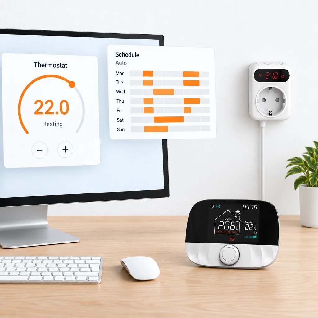Home Assistant panelinde termostat kartları ve haftalık program, masada termostat ile priz tipi alıcı