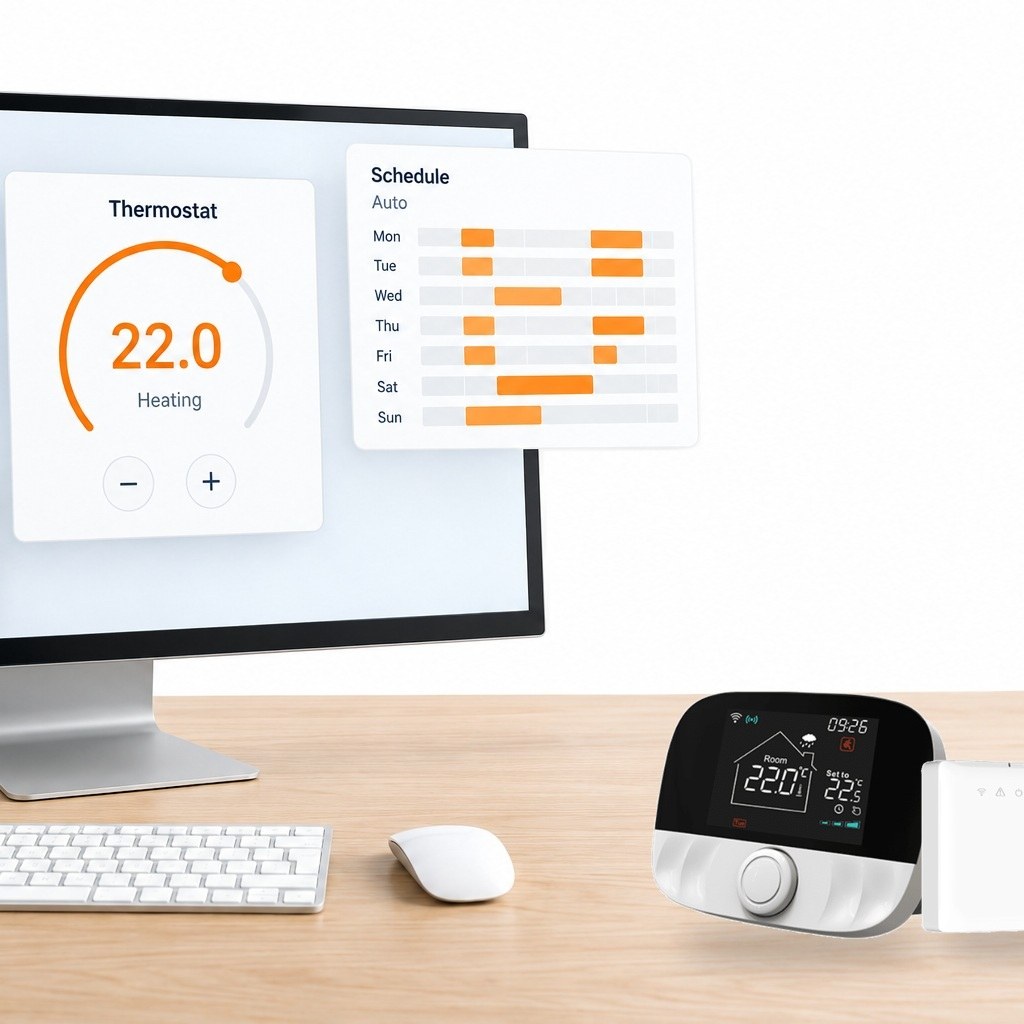 Home Assistant panelinde termostat kartları ve haftalık program, masada termostat ile alıcı
