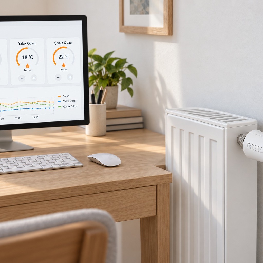 Home Assistant panelinde üç odanın termostat kartları, yandaki radyatörde yuvarlak ekranlı vana