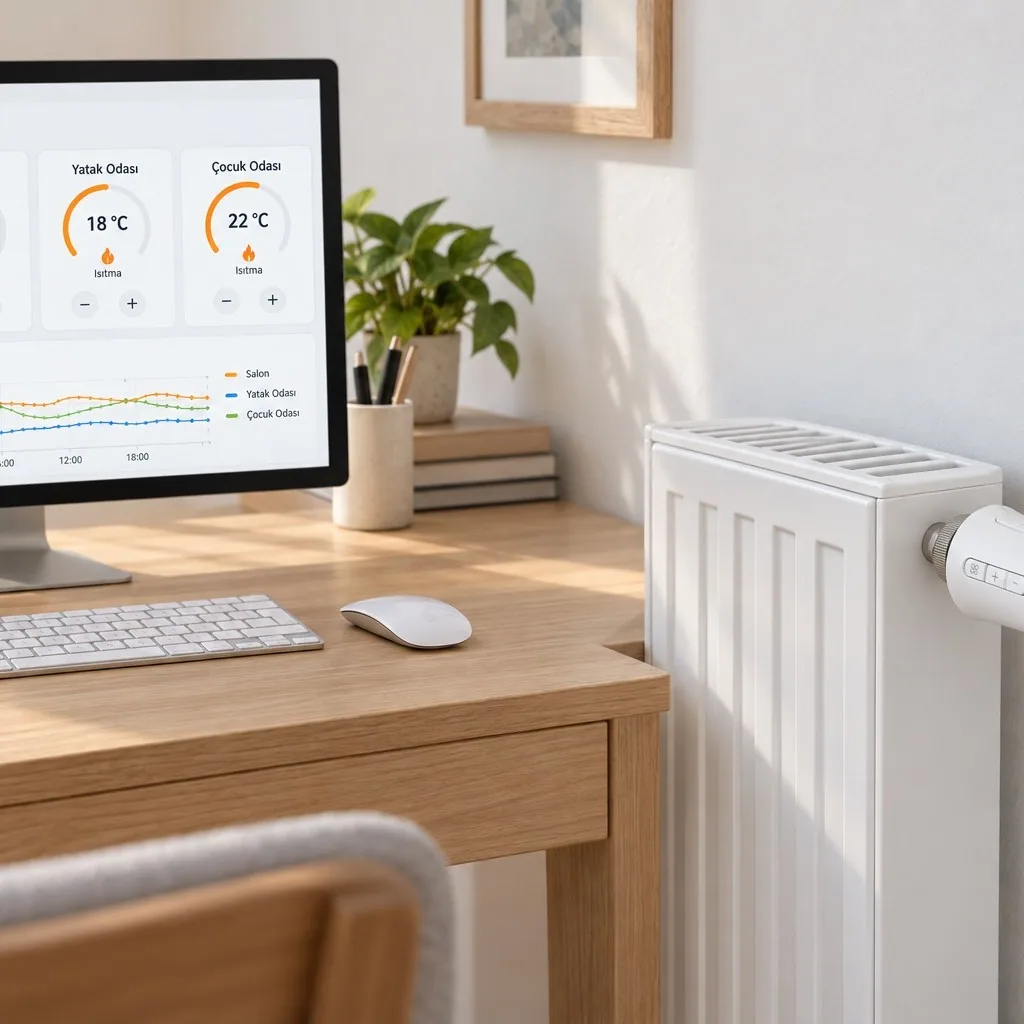 Home Assistant panelinde üç odanın termostat kartları, yandaki radyatörde yuvarlak ekranlı vana