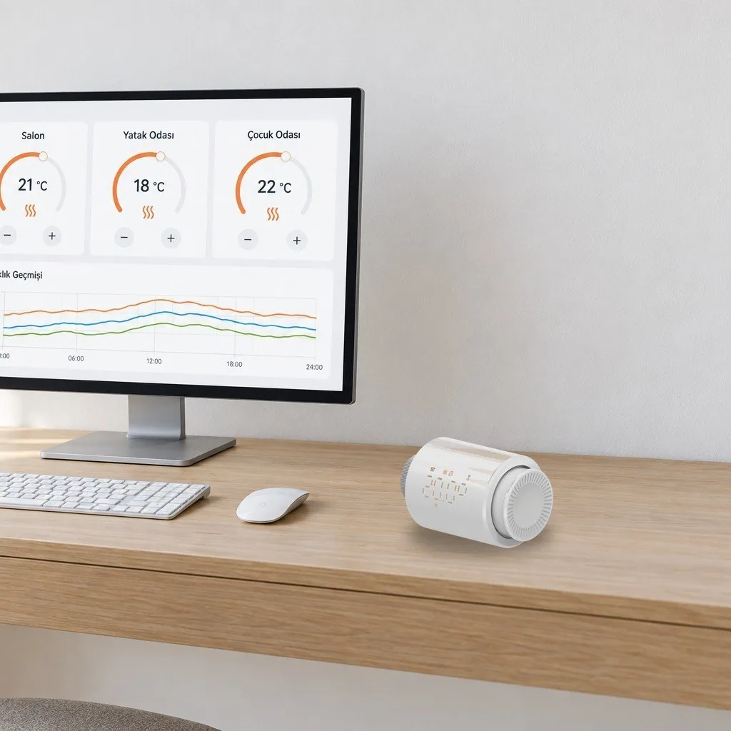 Home Assistant panelinde üç odanın termostat kartları, masada Zigbee radyatör vanası