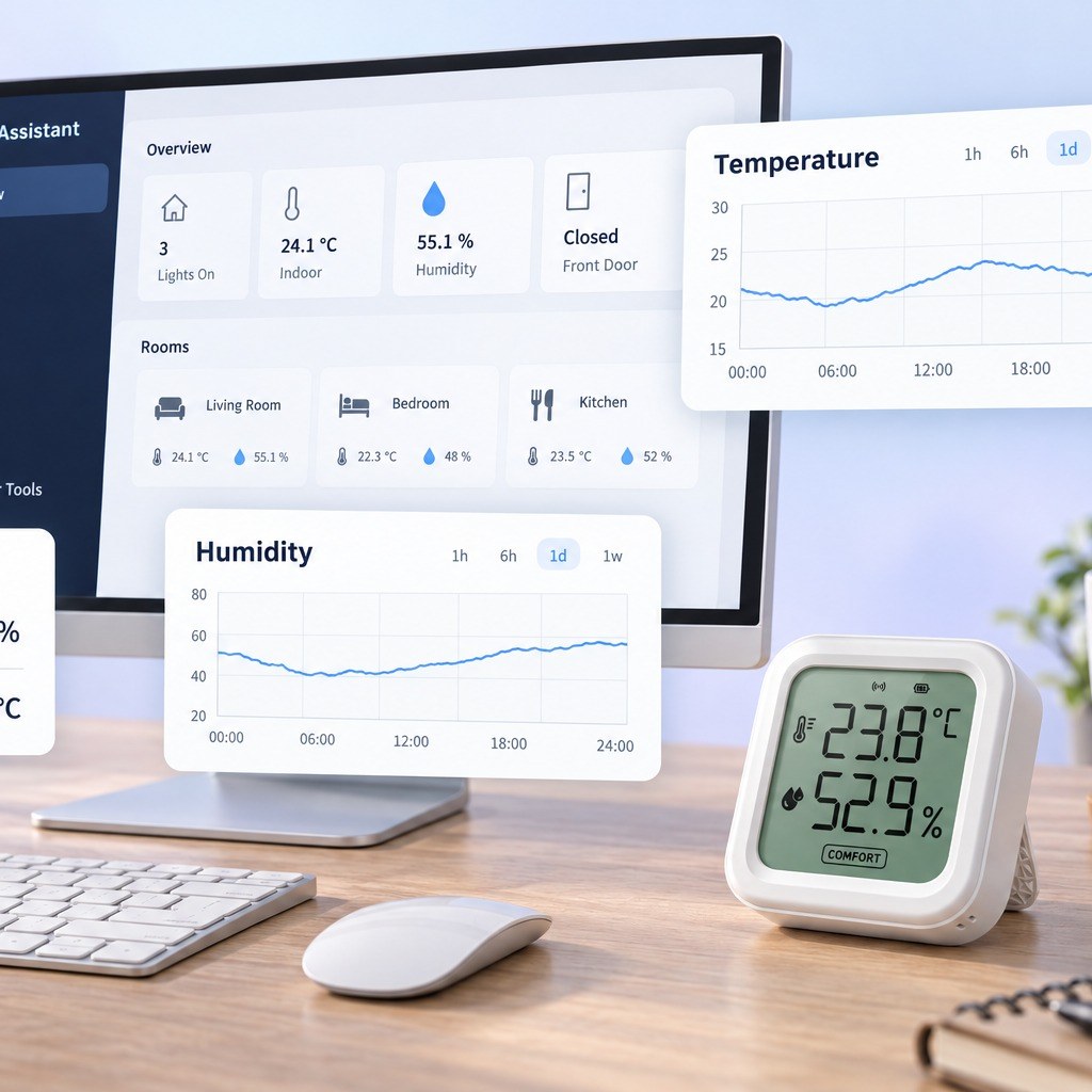 Home Assistant panelinde sıcaklık ve nem grafikleri, masada sıcaklık ve nem sensörü
