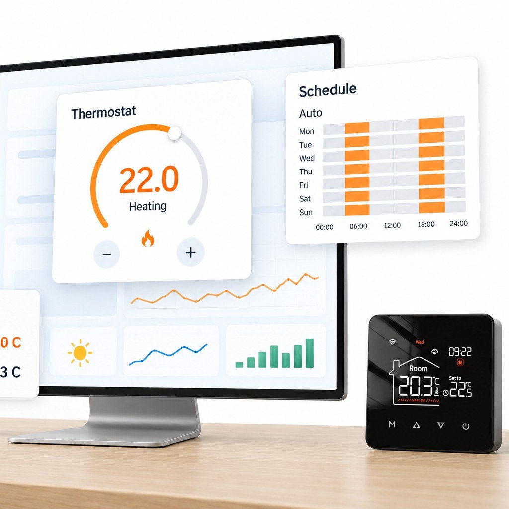 Home Assistant panelinde termostat kartları, hedef ve ölçülen sıcaklık, masada kablolu oda termostatı