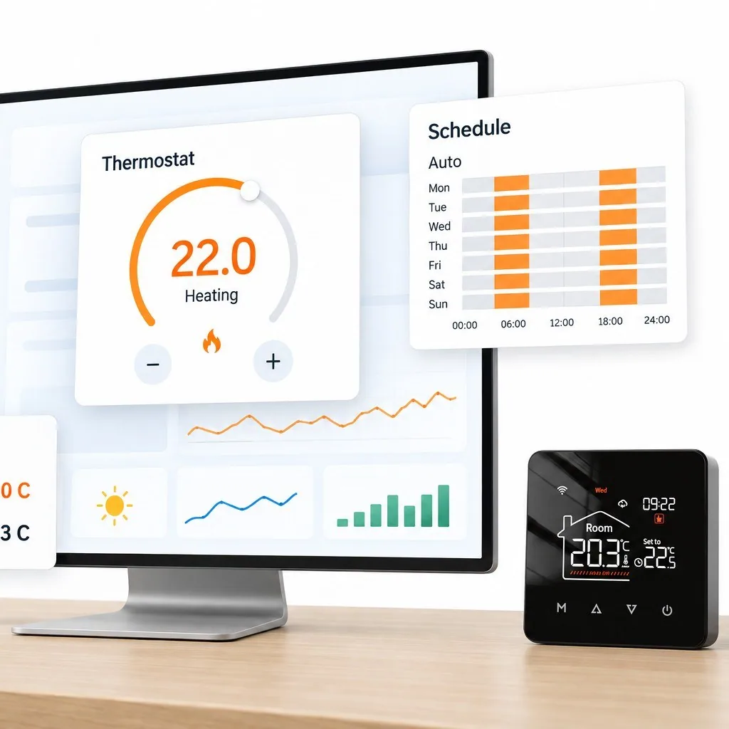 Home Assistant panelinde termostat kartları, hedef ve ölçülen sıcaklık, masada kablolu oda termostatı