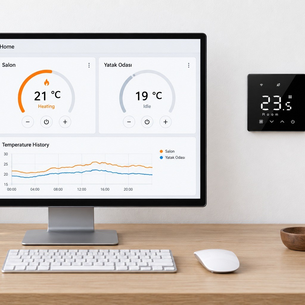 Home Assistant panelinde Salon ve Yatak Odası termostat kartları, monitörün yanındaki duvarda siyah cam panelli termostat