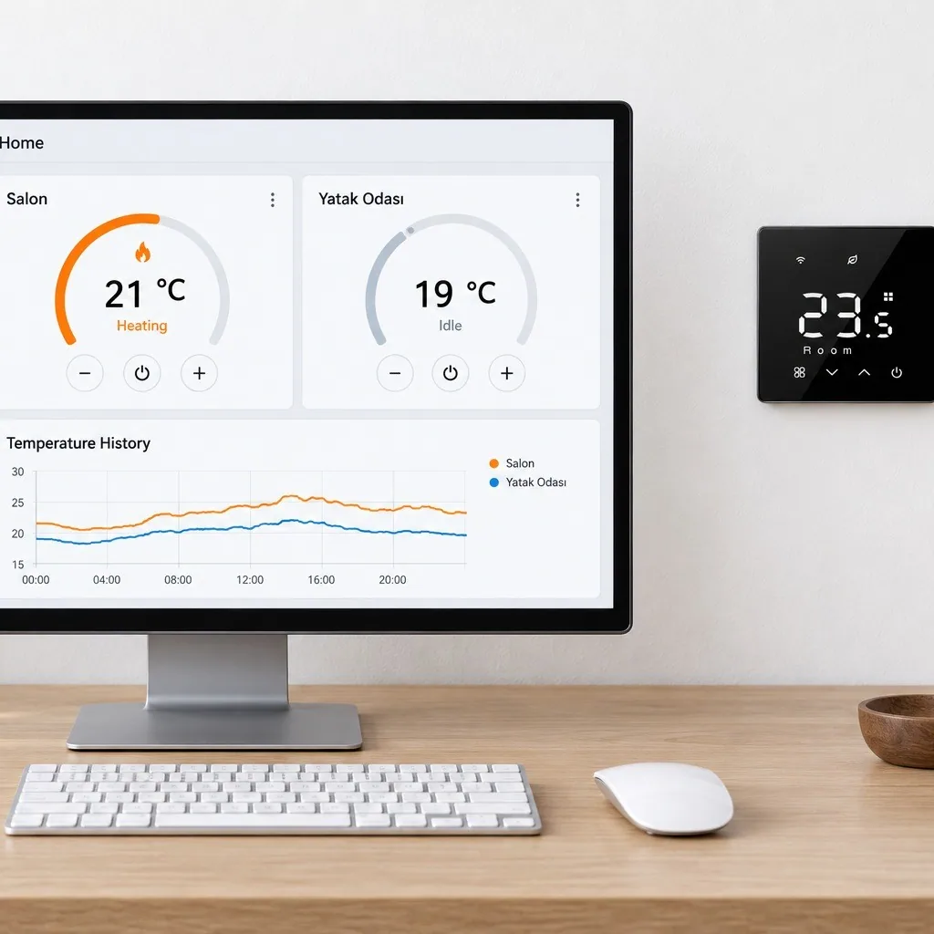 Home Assistant panelinde Salon ve Yatak Odası termostat kartları, monitörün yanındaki duvarda siyah cam panelli termostat