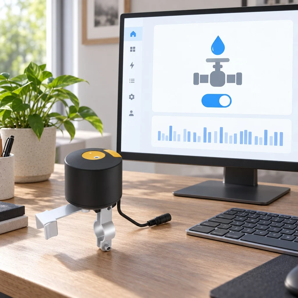 Masada kollu vana kontrolcüsü, arkadaki monitörde Home Assistant panelinde vana simgeli kart, açma kapama düğmesi ve geçmiş çubuğu