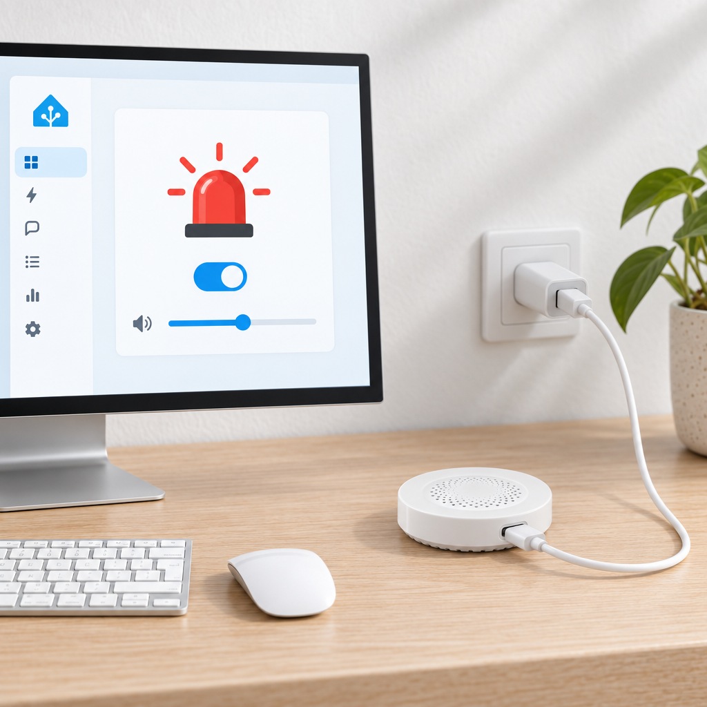 Home Assistant panelinde siren kartı, açma kapama ve ses düzeyi, masada düz duran beyaz yuvarlak Wi-Fi siren, kablosu duvardaki USB adaptörüne takılı
