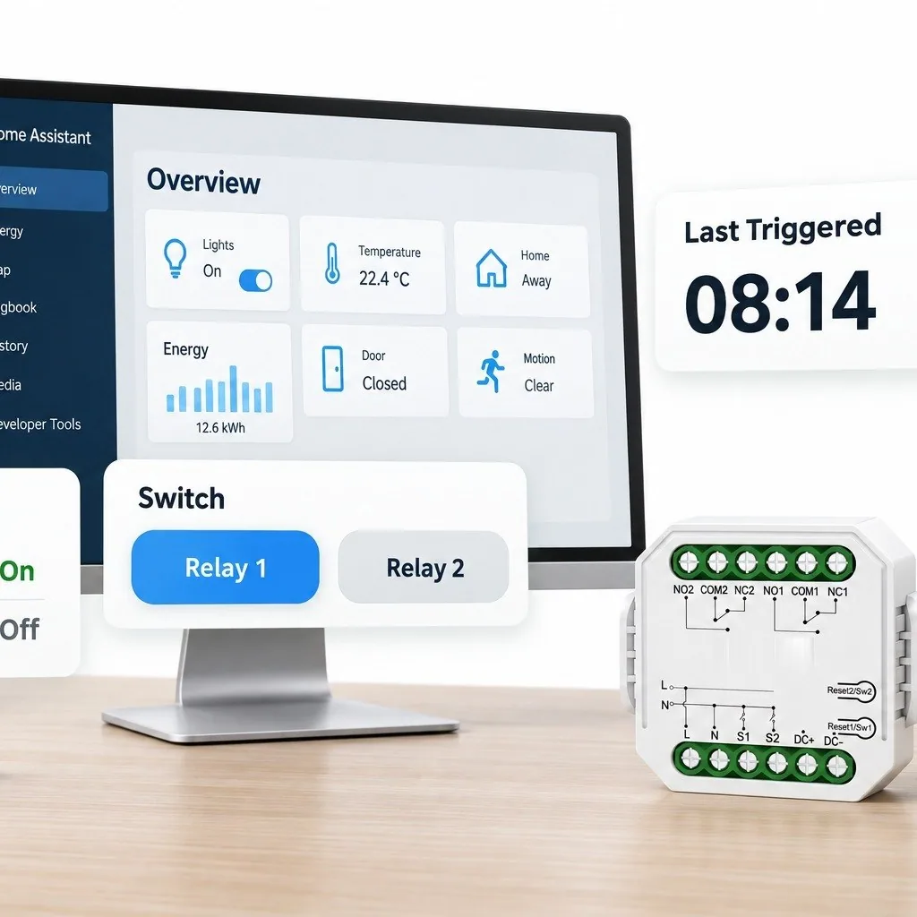 Home Assistant panelinde garaj kapısı rölesinin iki kanalı, anahtar kartı ve son tetikleme saati, masada WKM03