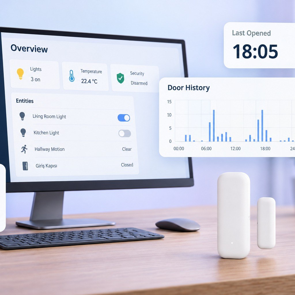 Home Assistant panelinde giriş kapısı sensörünün durumu ve açılma geçmişi, masada WKS-02