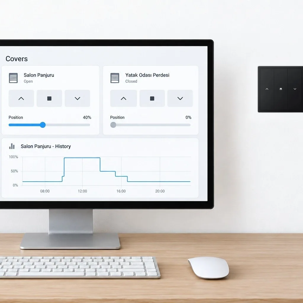 Home Assistant panelinde panjur kartları, yanındaki duvarda perde anahtarı