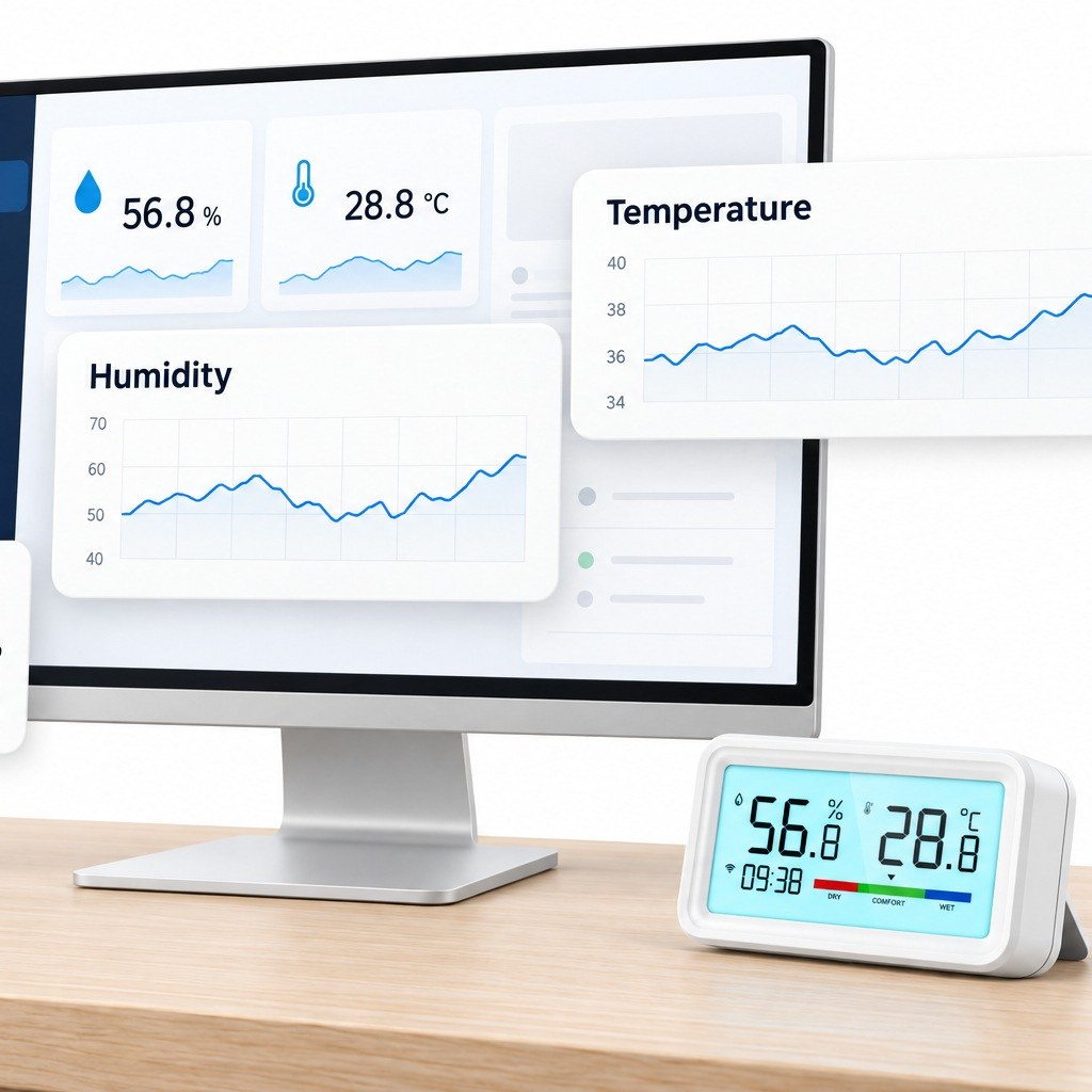 Home Assistant panelinde kuluçka odasının sıcaklık ve nem grafikleri, masada WiFi LCD ekranlı sensör