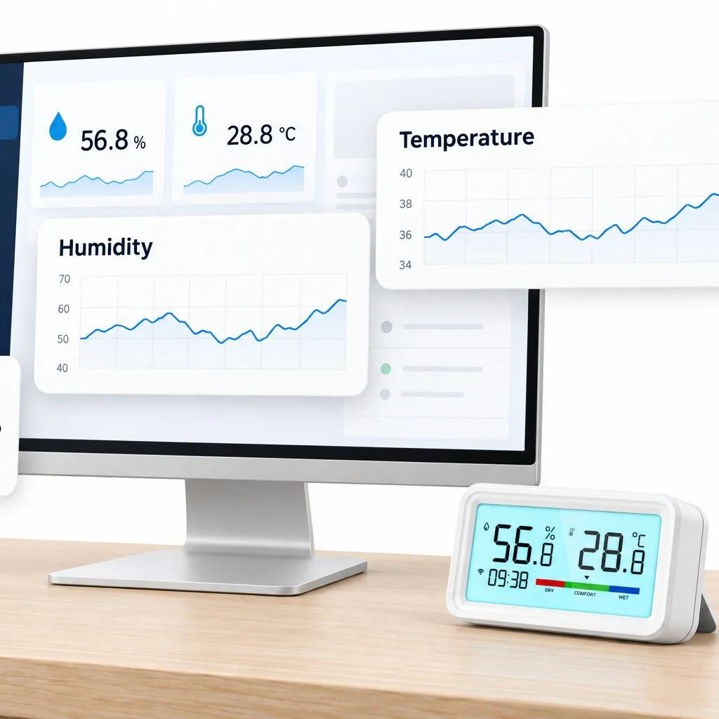 Home Assistant panelinde kuluçka odasının sıcaklık ve nem grafikleri, masada WiFi LCD ekranlı sensör