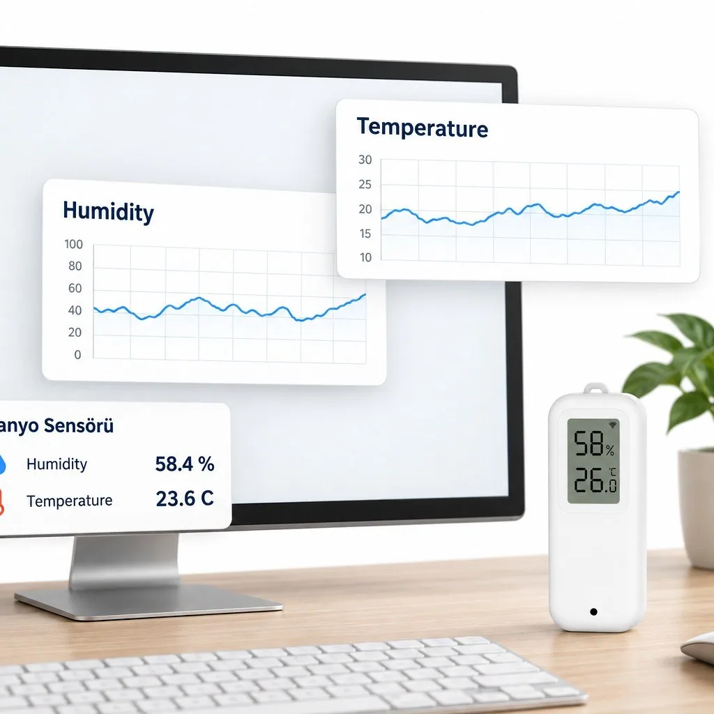 Home Assistant panelinde banyo sensörünün nem ve sıcaklık kartları, masada mini ekranlı sıcaklık nem sensörü