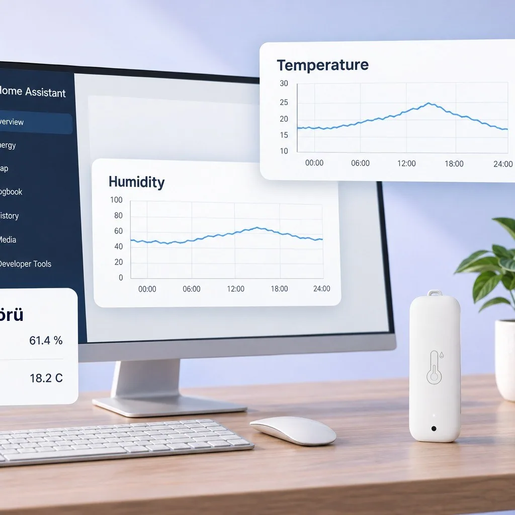 Home Assistant panelinde depo sensörünün sıcaklık ve nem grafikleri, masada WSN-03P sensörü